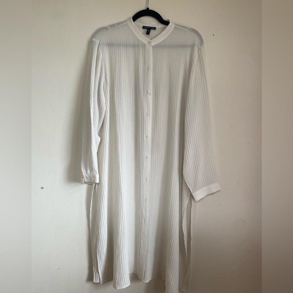 Eileen Fisher Accordion Silk Jacquard Mandarin Collar Long Shirt Size L